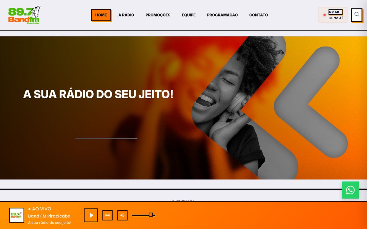 Home do site da Band FM Piracicaba, feito com a UHOST
