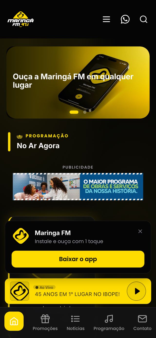 Aplicativo da Maringá FM 97,1 aberto no celular