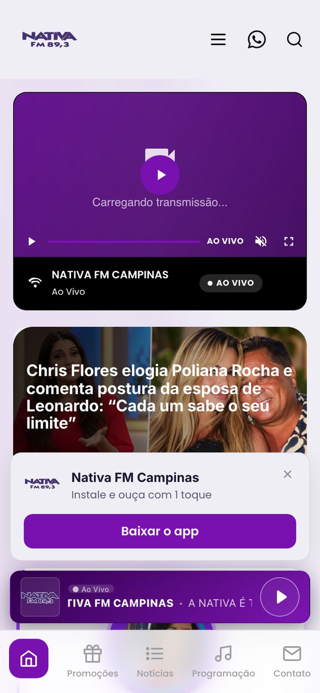 Aplicativo da Nativa FM Campinas aberto no celular
