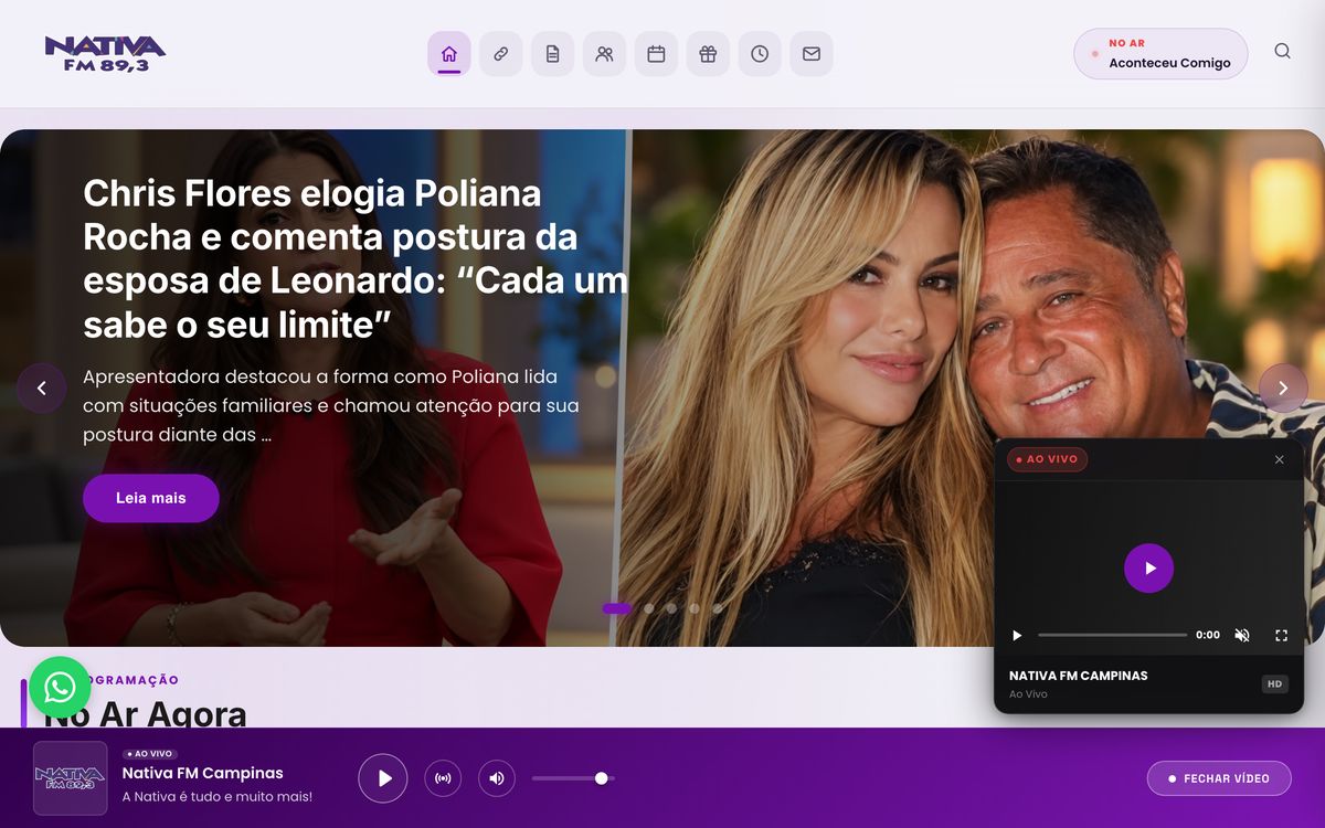 Home do site da Nativa FM Campinas, feito com a UHOST