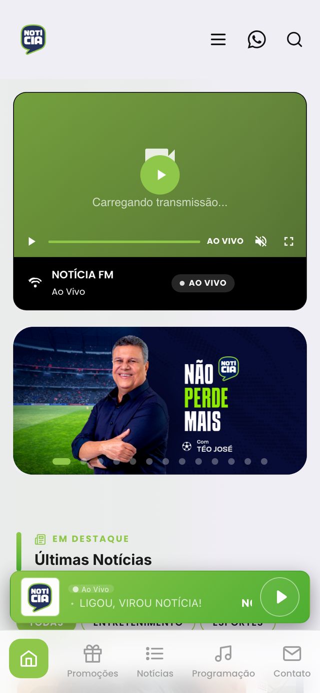 Aplicativo da Notícia FM aberto no celular