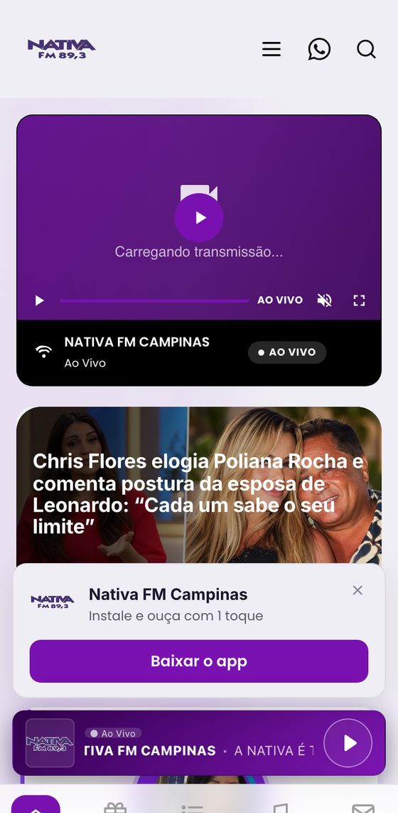 Aplicativo da Nativa FM Campinas aberto no celular
