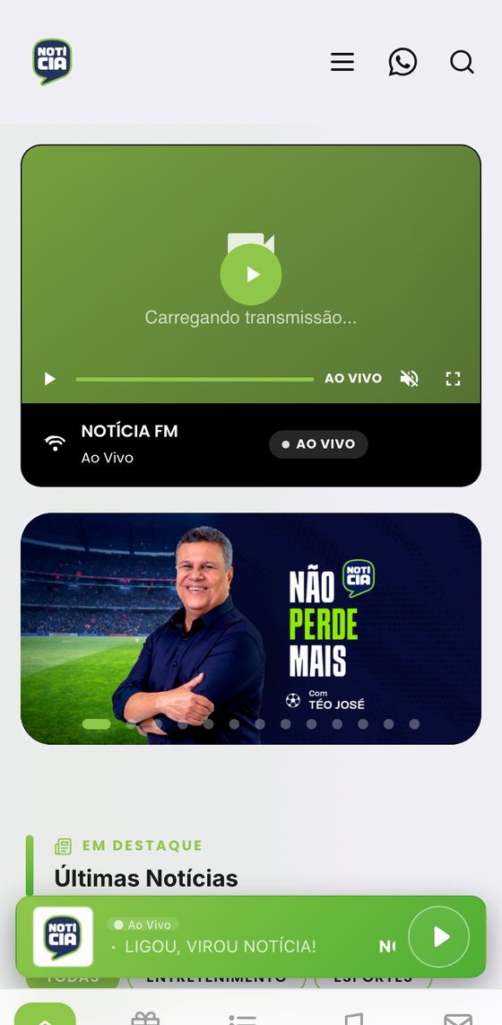 Aplicativo da Notícia FM aberto no celular