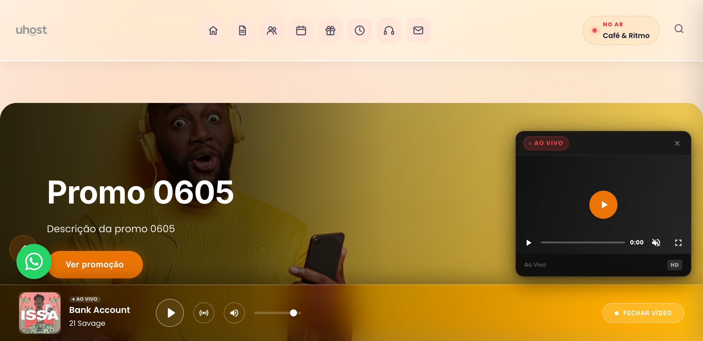 Tema Glow, demonstração do site de rádio
